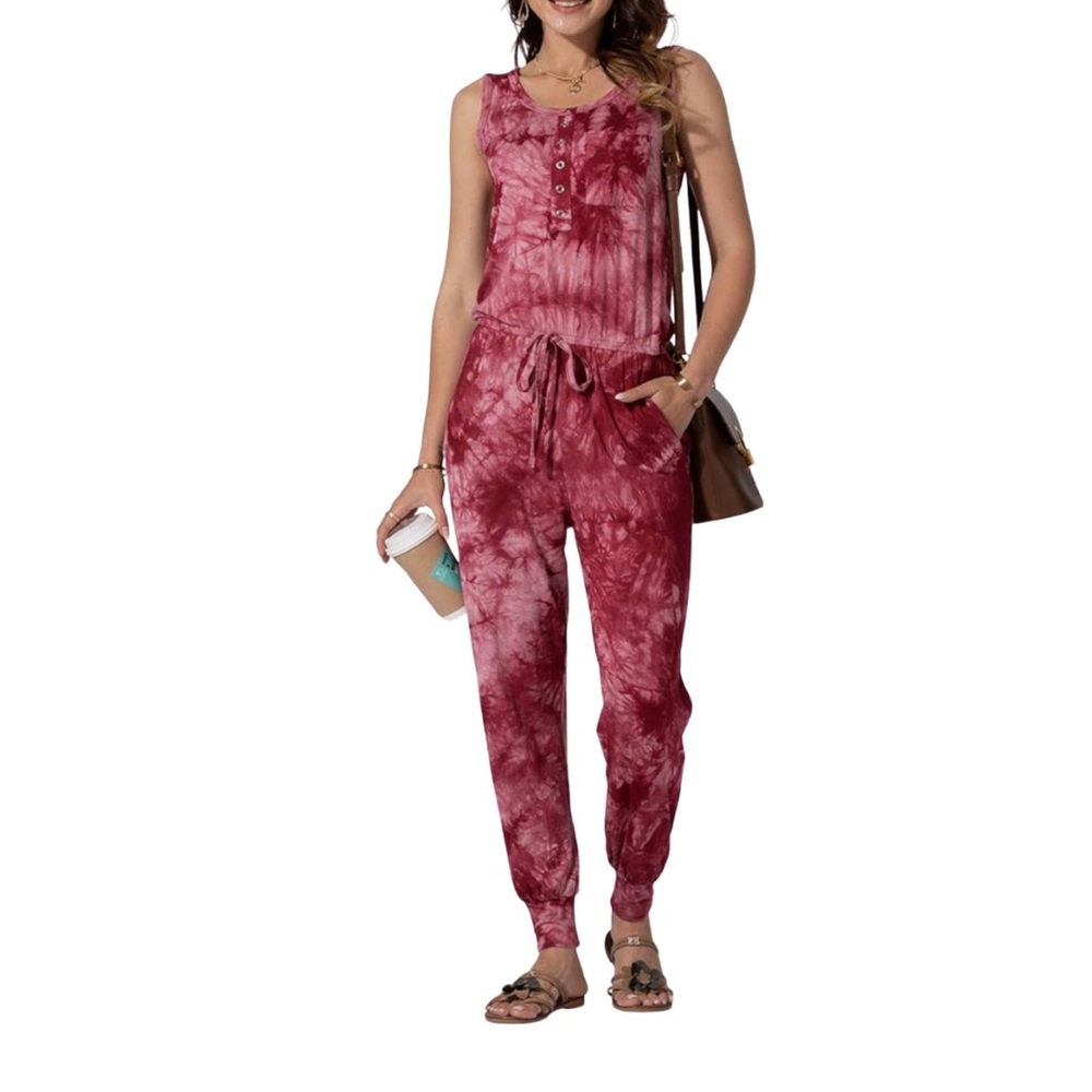 Burgundy Tie-Dye Sleeveless Jumpsuit | M | Wekili Henley Drawstring